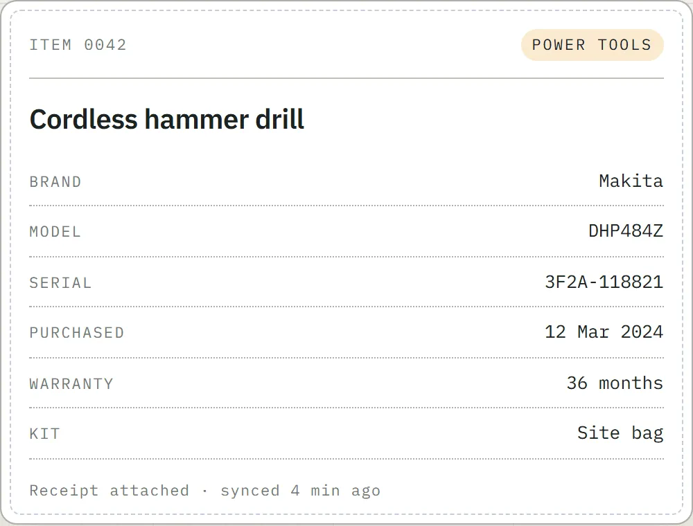 A GearSync item record: Cordless hammer drill, Makita DHP484Z, serial 3F2A-118821, purchased 12 Mar 2024, 36 months warranty, in the Site bag kit