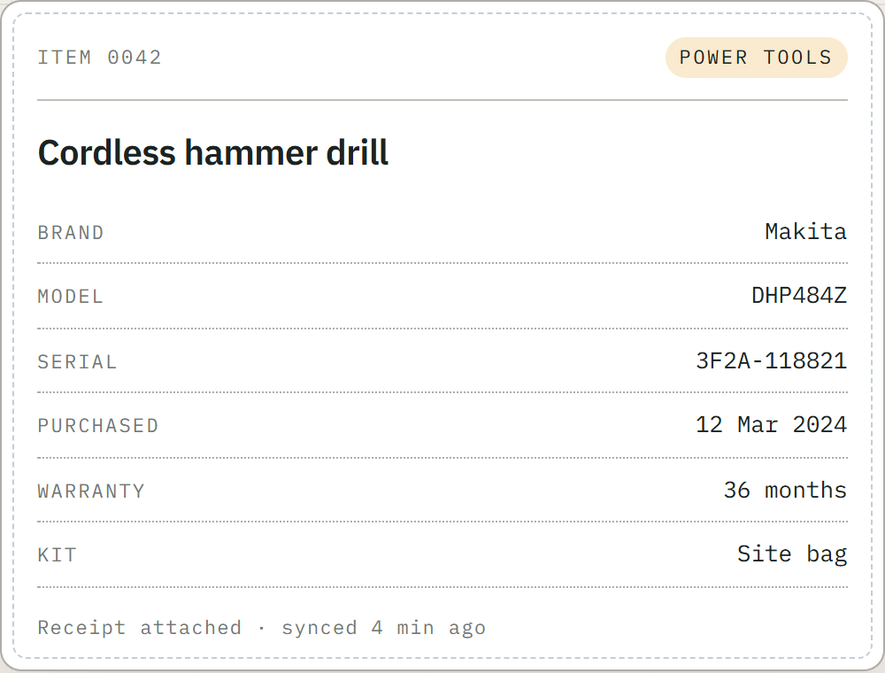 A GearSync item record: Cordless hammer drill, Makita DHP484Z, serial 3F2A-118821, purchased 12 Mar 2024, 36 months warranty, in the Site bag kit
